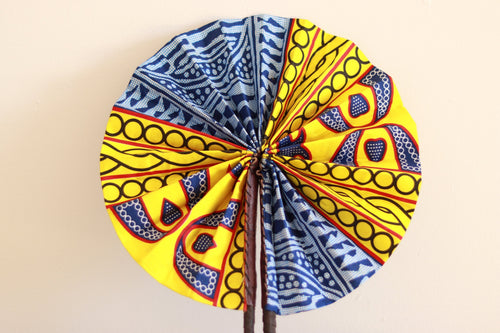 Bamileke Ndop Hand Fan: Handcrafted African Folding Accessory with Traditional Fabric Print
