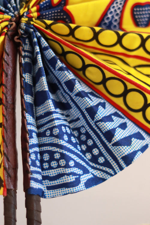Bamileke Ndop Hand Fan: Handcrafted African Folding Accessory with Traditional Fabric Print